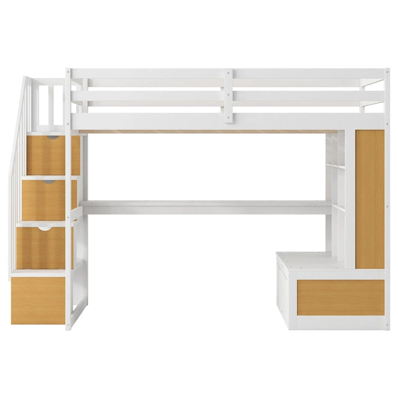 Letto a soppalco in legno massello Full Size Naturale+Bianco con scrivania e mensole, due cassetti integrati, scala contenitore