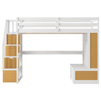 Letto a soppalco in legno massello Full Size Naturale+Bianco con scrivania e mensole, due cassetti integrati, scala contenitore