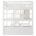 Letto a soppalco in legno massello Full Size Naturale+Bianco con scrivania e mensole, due cassetti integrati, scala contenitore