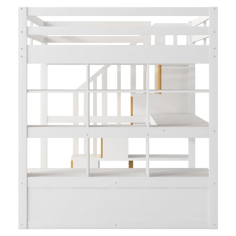 Letto a soppalco in legno massello Full Size Naturale+Bianco con scrivania e mensole, due cassetti integrati, scala contenitore