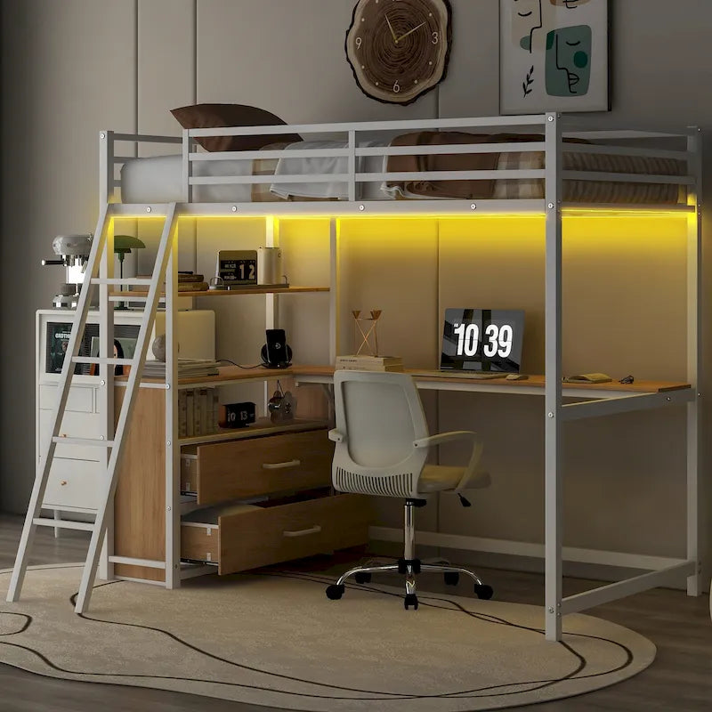 Letto a soppalco in metallo e legno di rovere naturale + bianco antico, piazza singola, con scrivania, cassetti e USB