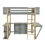 Gray Twin Size Solid Wood Loft Bed with Storage Cabinet & Desk