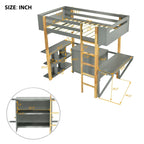 Letto a soppalco in legno massello per materasso singolo/una piazza e mezza con scrivania pieghevole e armadio contenitore integrato, bicolore, grigio/bianco