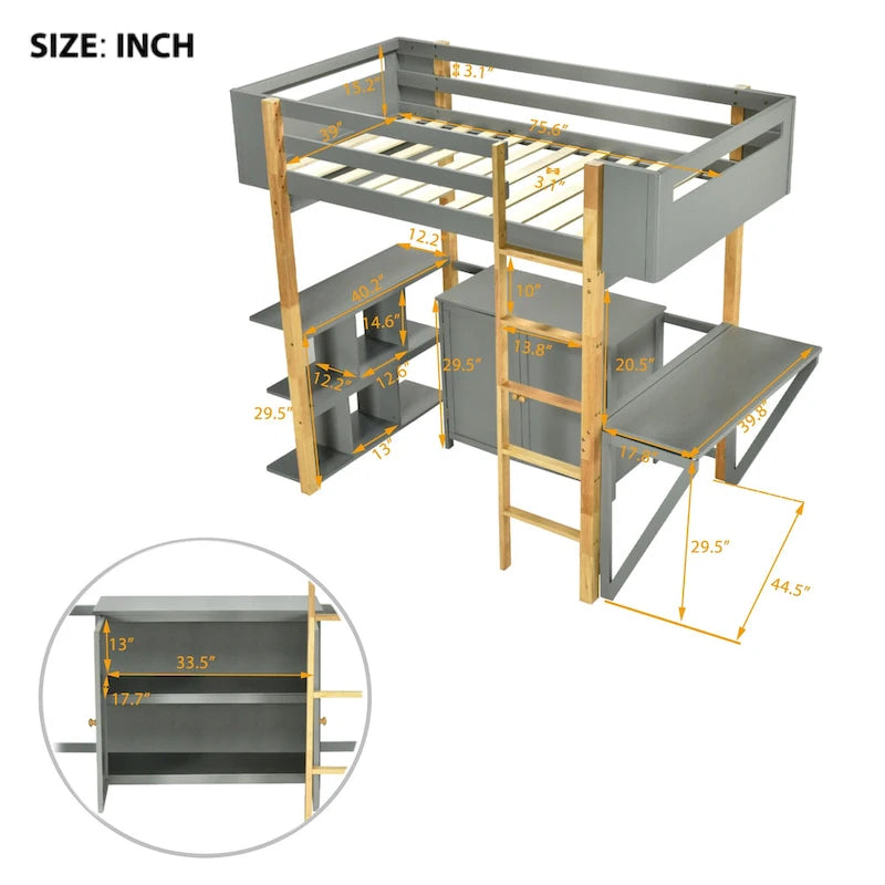 Letto a soppalco in legno massello per materasso singolo/una piazza e mezza con scrivania pieghevole e armadio contenitore integrato, bicolore, grigio/bianco