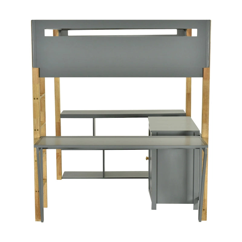 Letto a soppalco in legno massello per materasso singolo/una piazza e mezza con scrivania pieghevole e armadio contenitore integrato, bicolore, grigio/bianco