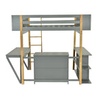 Letto a soppalco in legno massello per materasso singolo/una piazza e mezza con scrivania pieghevole e armadio contenitore integrato, bicolore, grigio/bianco