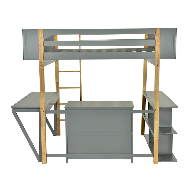 Letto a soppalco in legno massello per materasso singolo/una piazza e mezza con scrivania pieghevole e armadio contenitore integrato, bicolore, grigio/bianco