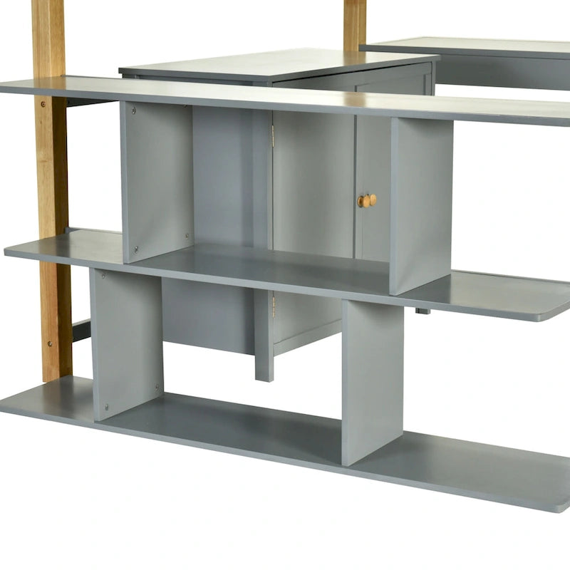 Letto a soppalco in legno massello per materasso singolo/una piazza e mezza con scrivania pieghevole e armadio contenitore integrato, bicolore, grigio/bianco