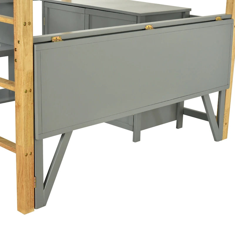 Letto a soppalco in legno massello per materasso singolo/una piazza e mezza con scrivania pieghevole e armadio contenitore integrato, bicolore, grigio/bianco