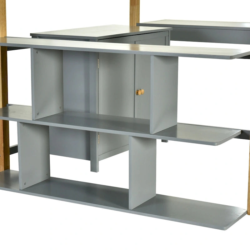 Letto a soppalco in legno massello per materasso singolo/una piazza e mezza con scrivania pieghevole e armadio contenitore integrato, bicolore, grigio/bianco