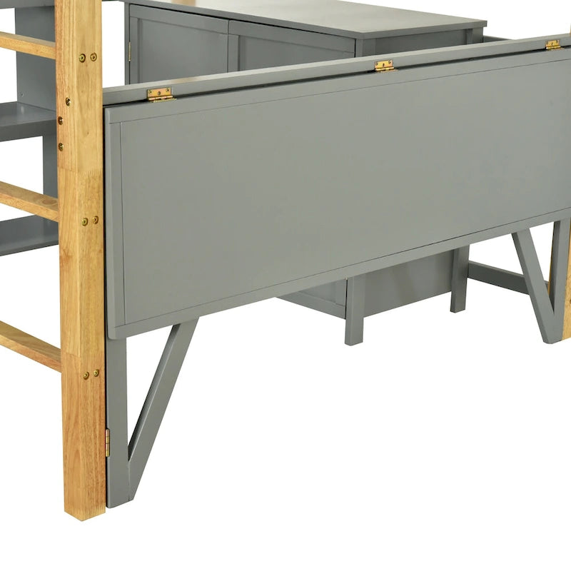 Letto a soppalco in legno massello per materasso singolo/una piazza e mezza con scrivania pieghevole e armadio contenitore integrato, bicolore, grigio/bianco