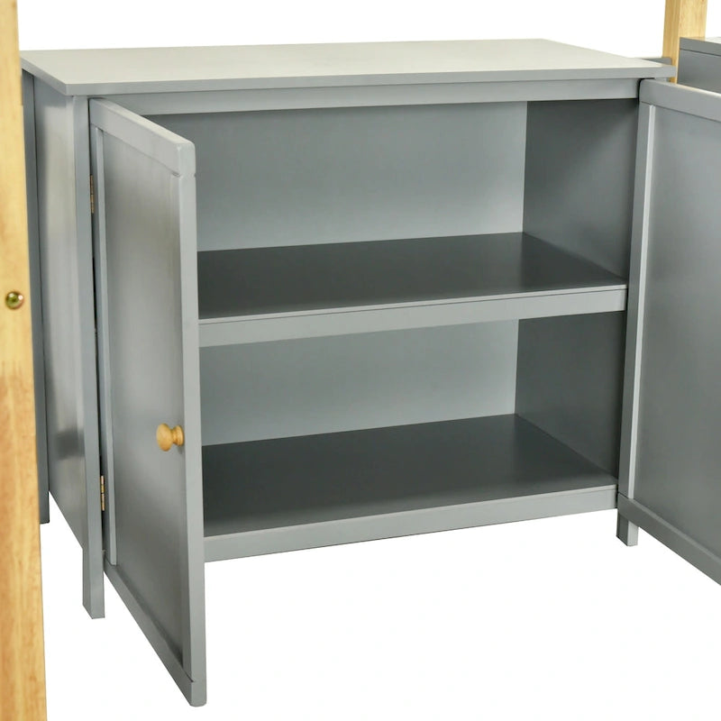 Letto a soppalco in legno massello per materasso singolo/una piazza e mezza con scrivania pieghevole e armadio contenitore integrato, bicolore, grigio/bianco