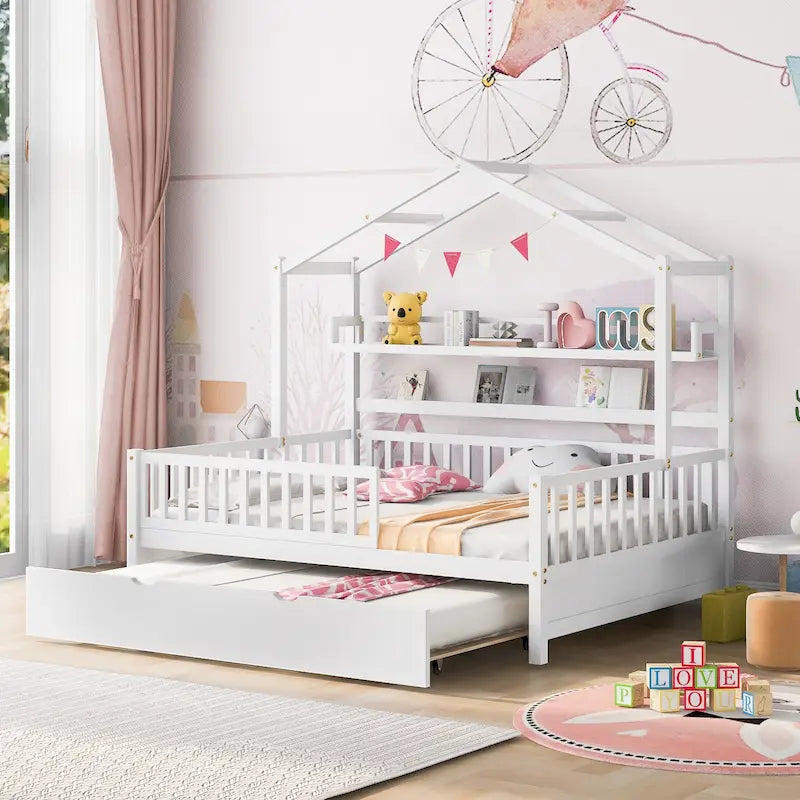 Letto a casetta interamente in legno con letto estraibile singolo