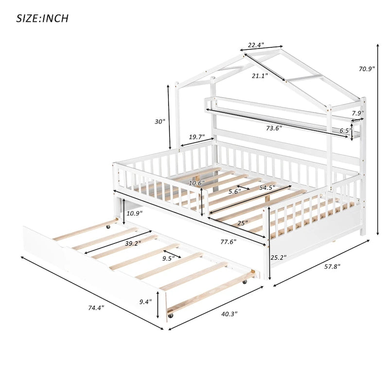 Letto a casetta interamente in legno con letto estraibile singolo