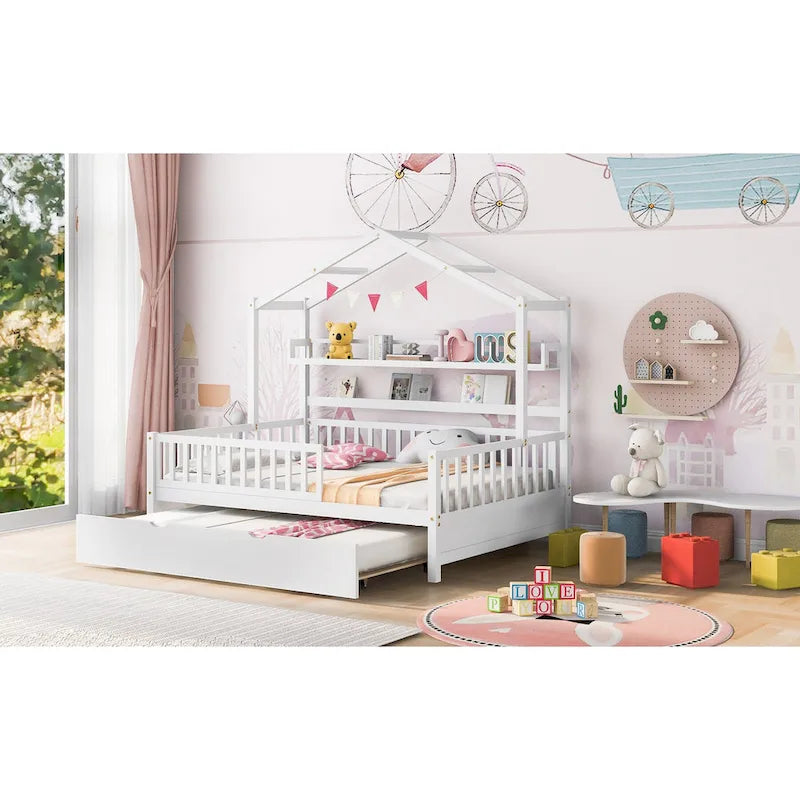 Letto a casetta interamente in legno con letto estraibile singolo