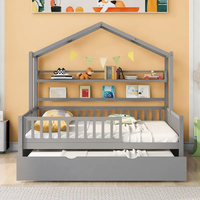 Letto a casetta interamente in legno con letto estraibile singolo