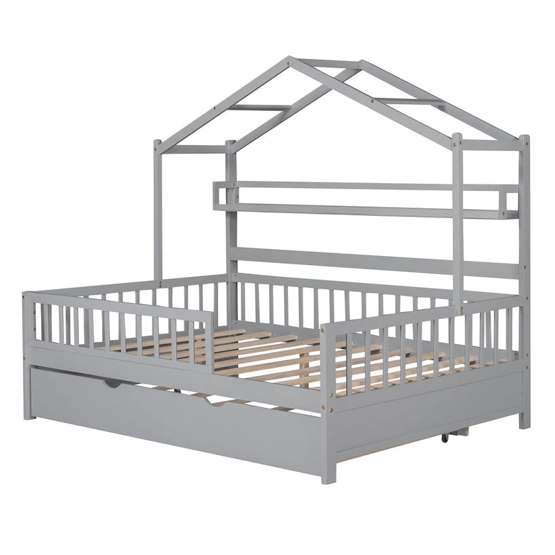 Letto a casetta interamente in legno con letto estraibile singolo