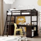 Letto a soppalco singolo in legno con scrivania e scaffali