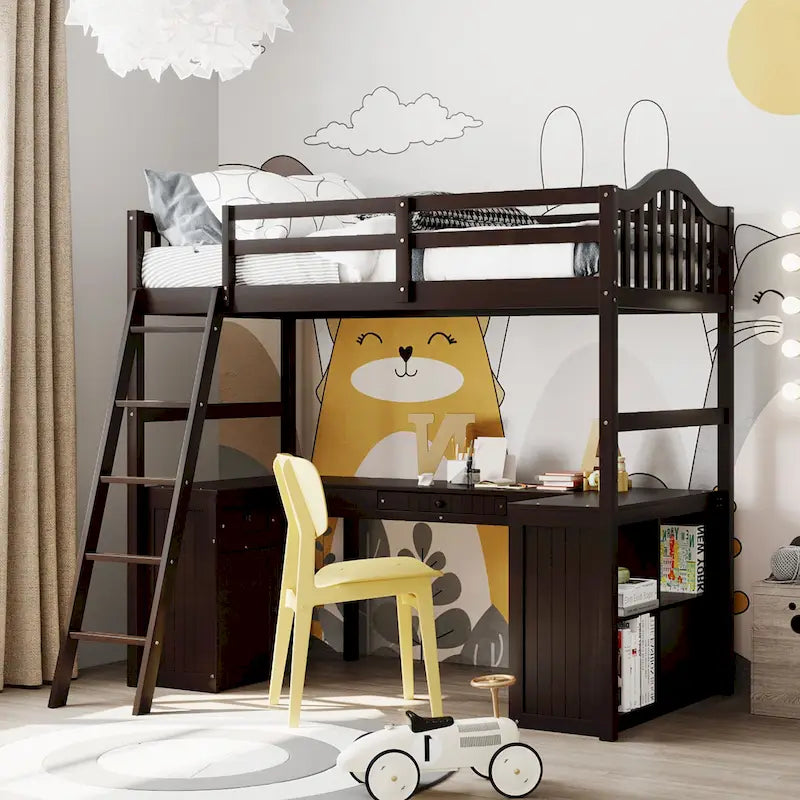 Letto a soppalco singolo in legno con scrivania e scaffali