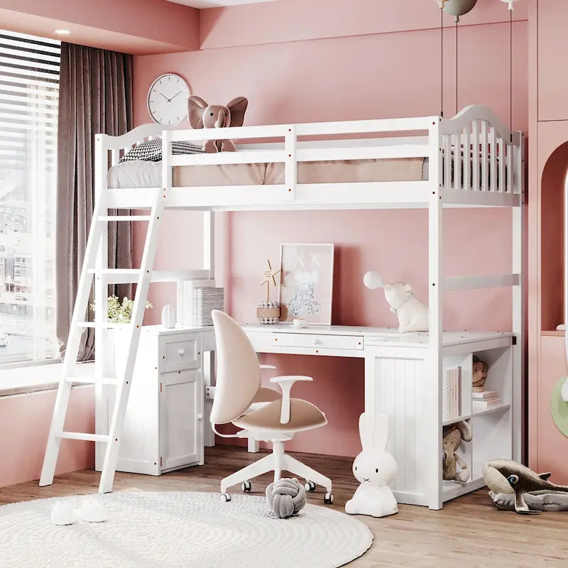 Letto a soppalco singolo in legno con scrivania e scaffali