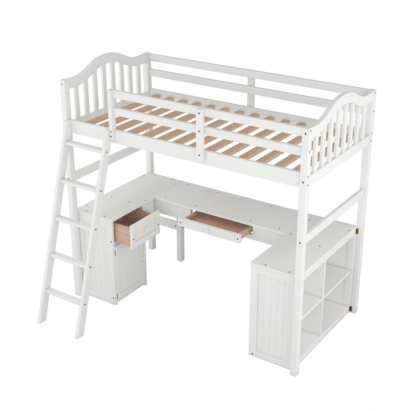 Letto a soppalco singolo in legno con scrivania e scaffali