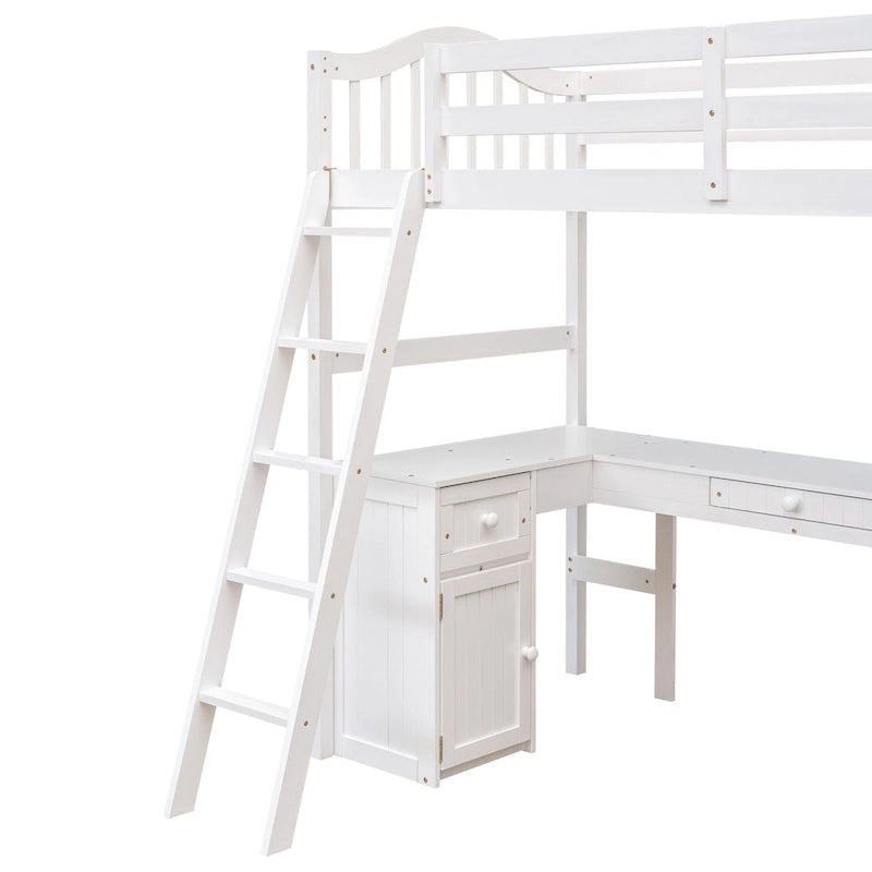 Letto a soppalco singolo in legno con scrivania e scaffali