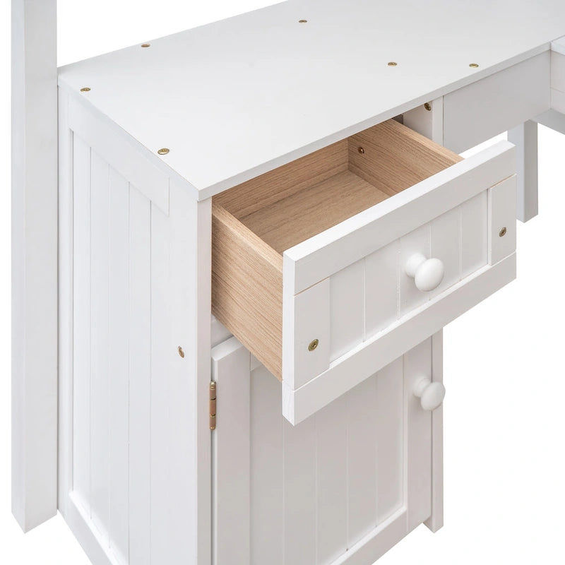 Letto a soppalco singolo in legno con scrivania e scaffali