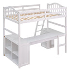 Letto a soppalco singolo in legno con scrivania e scaffali