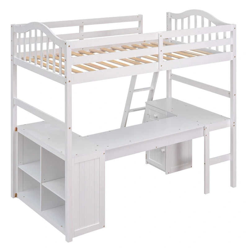 Letto a soppalco singolo in legno con scrivania e scaffali