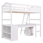 Letto a soppalco singolo in legno con scrivania e scaffali