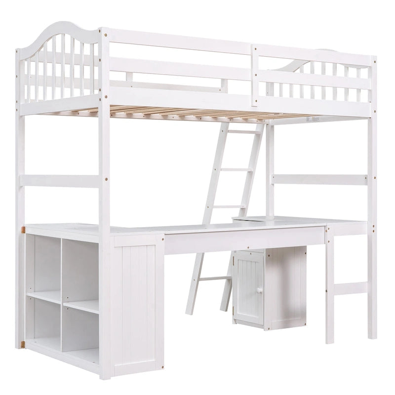 Letto a soppalco singolo in legno con scrivania e scaffali