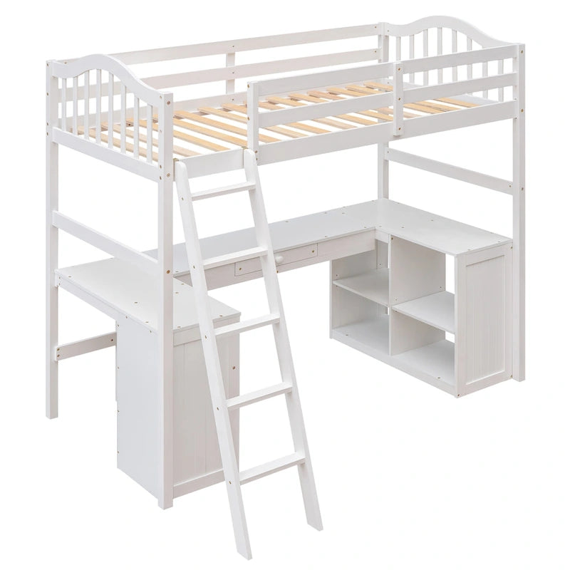 Letto a soppalco singolo in legno con scrivania e scaffali