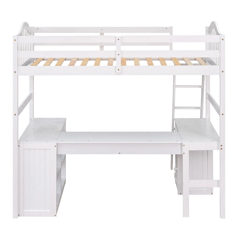 Letto a soppalco singolo in legno con scrivania e scaffali