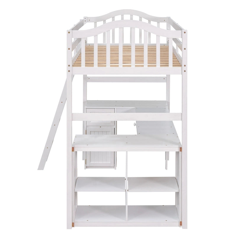 Letto a soppalco singolo in legno con scrivania e scaffali