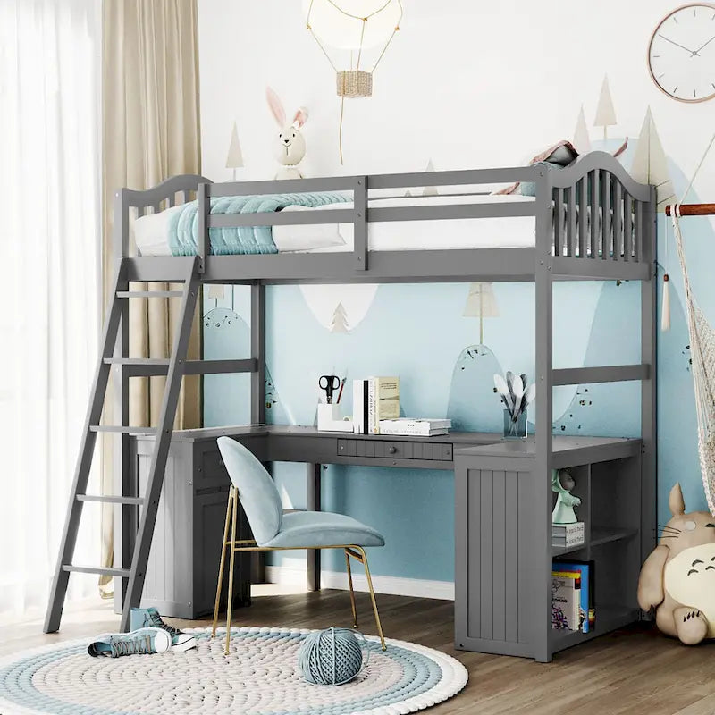 Letto a soppalco singolo in legno con scrivania e scaffali