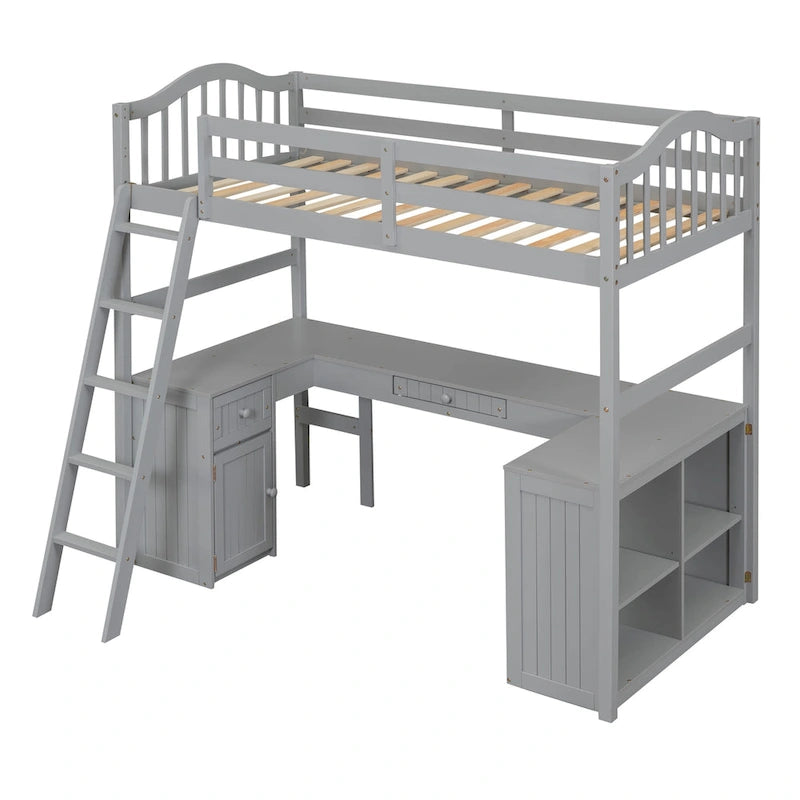 Letto a soppalco singolo in legno con scrivania e scaffali
