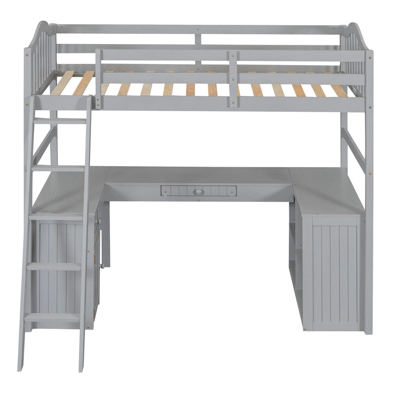 Letto a soppalco singolo in legno con scrivania e scaffali