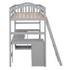 Letto a soppalco singolo in legno con scrivania e scaffali
