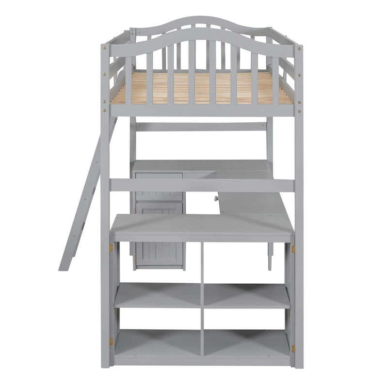 Letto a soppalco singolo in legno con scrivania e scaffali