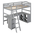 Letto a soppalco singolo in legno con scrivania e scaffali