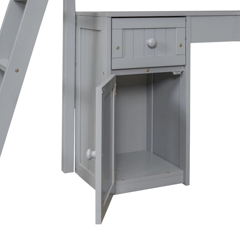 Letto a soppalco singolo in legno con scrivania e scaffali