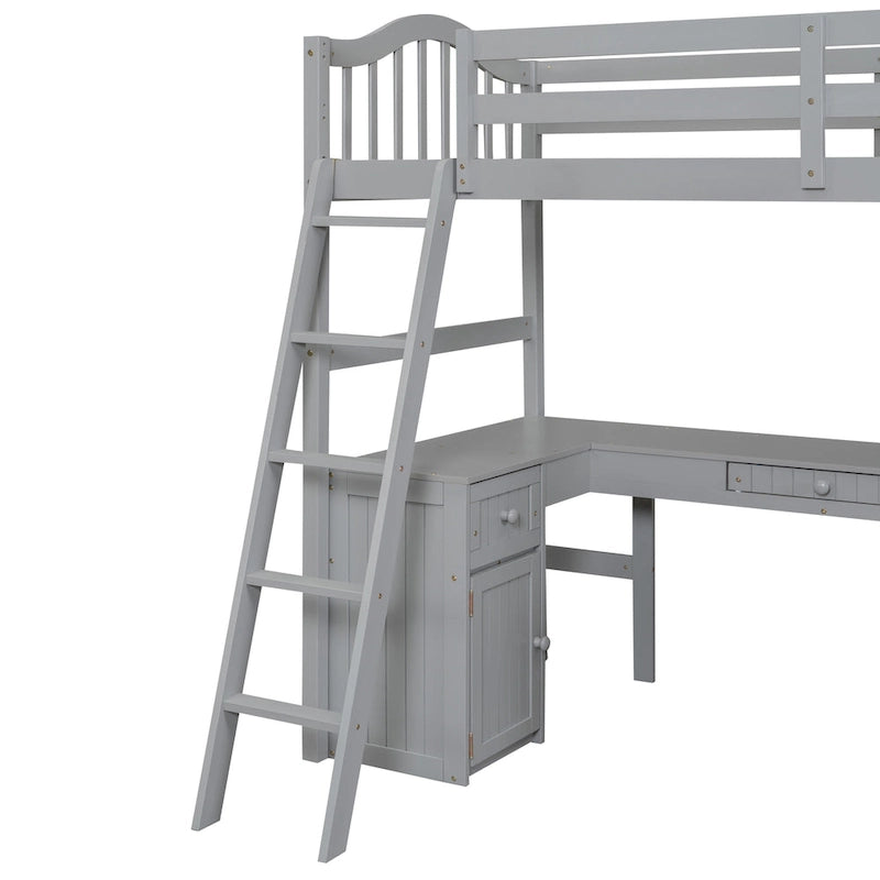 Letto a soppalco singolo in legno con scrivania e scaffali