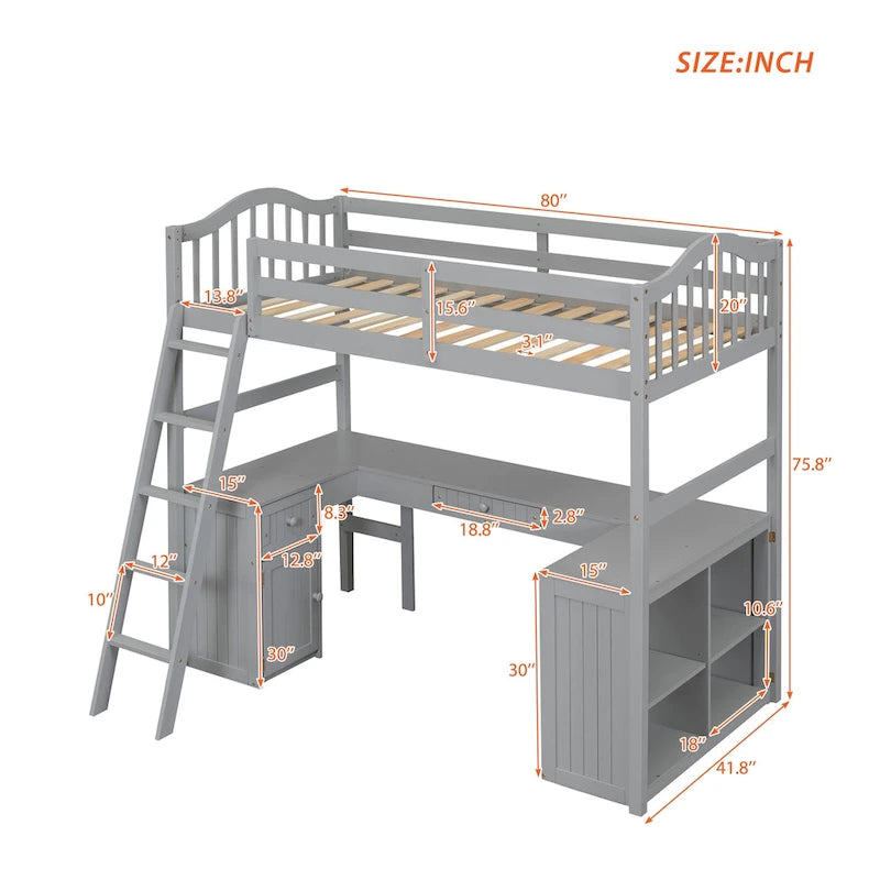 Letto a soppalco singolo in legno con scrivania e scaffali