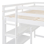 Letto a soppalco in legno massello con mensole e scrivania