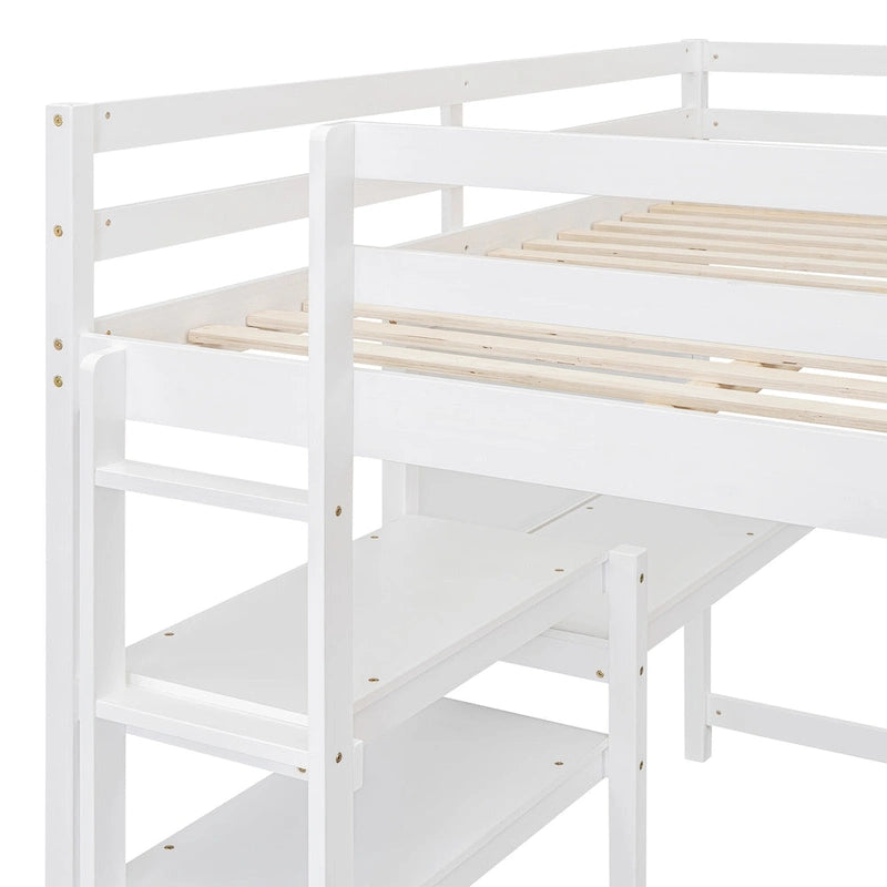 Letto a soppalco in legno massello con mensole e scrivania