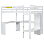 Letto a soppalco in legno massello di pino con scrivania a L, armadio, mensole e 2 cassetti, Bianco/Marrone