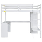 Letto a soppalco in legno massello di pino con scrivania a L, armadio, mensole e 2 cassetti, Bianco/Marrone