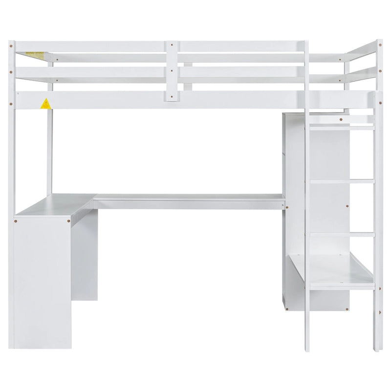 Letto a soppalco in legno massello di pino con scrivania a L, armadio, mensole e 2 cassetti, Bianco/Marrone