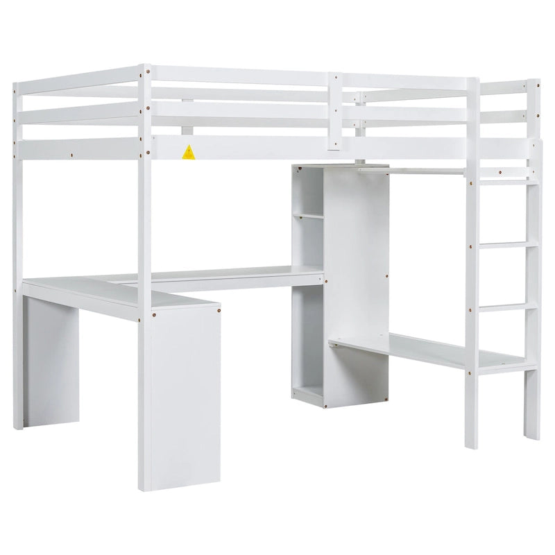 Letto a soppalco in legno massello di pino con scrivania a L, armadio, mensole e 2 cassetti, Bianco/Marrone