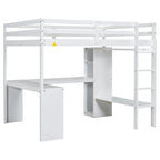 Letto a soppalco in legno massello di pino con scrivania a L, armadio, mensole e 2 cassetti, Bianco/Marrone